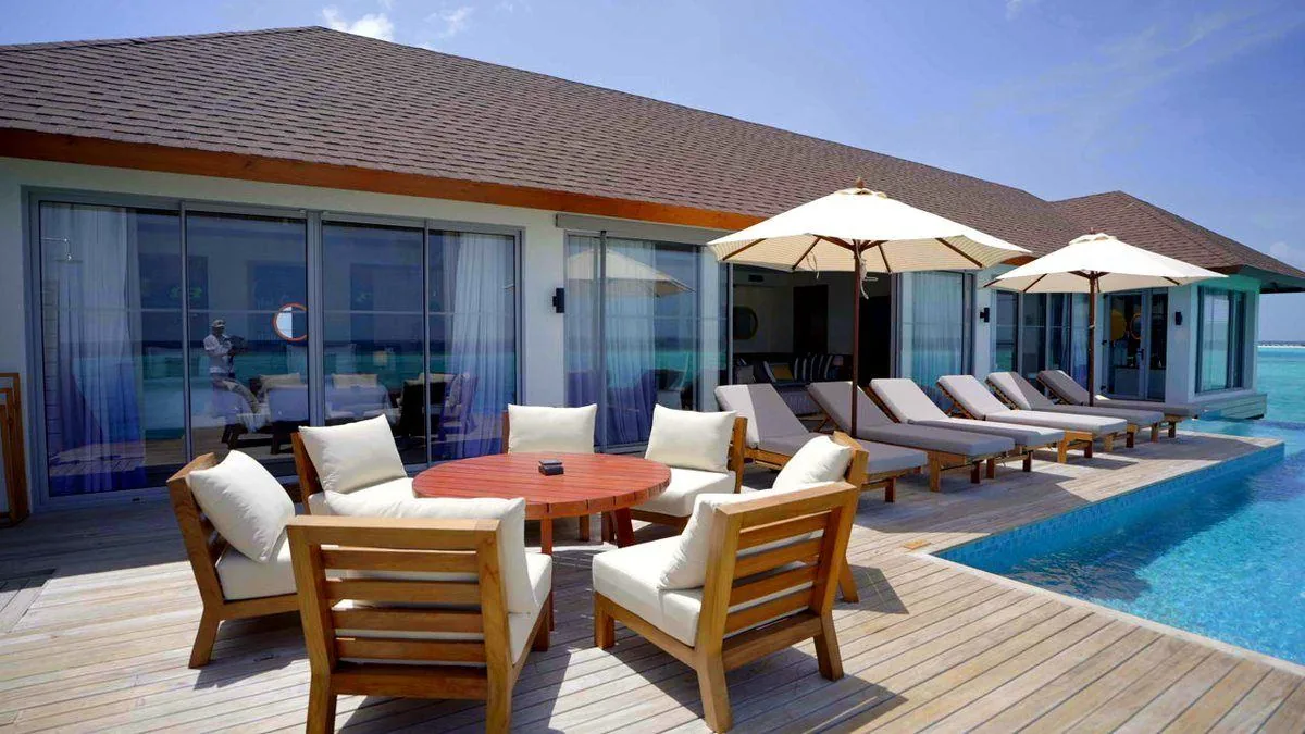Overwater villa deck and pool, Avani+ Fares, Baa Atoll