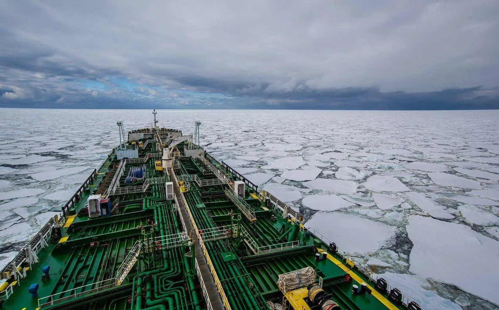 The SD Media crew aboard the Maersk Peary in pack ice, en route to McMurdo Station, Antarctica