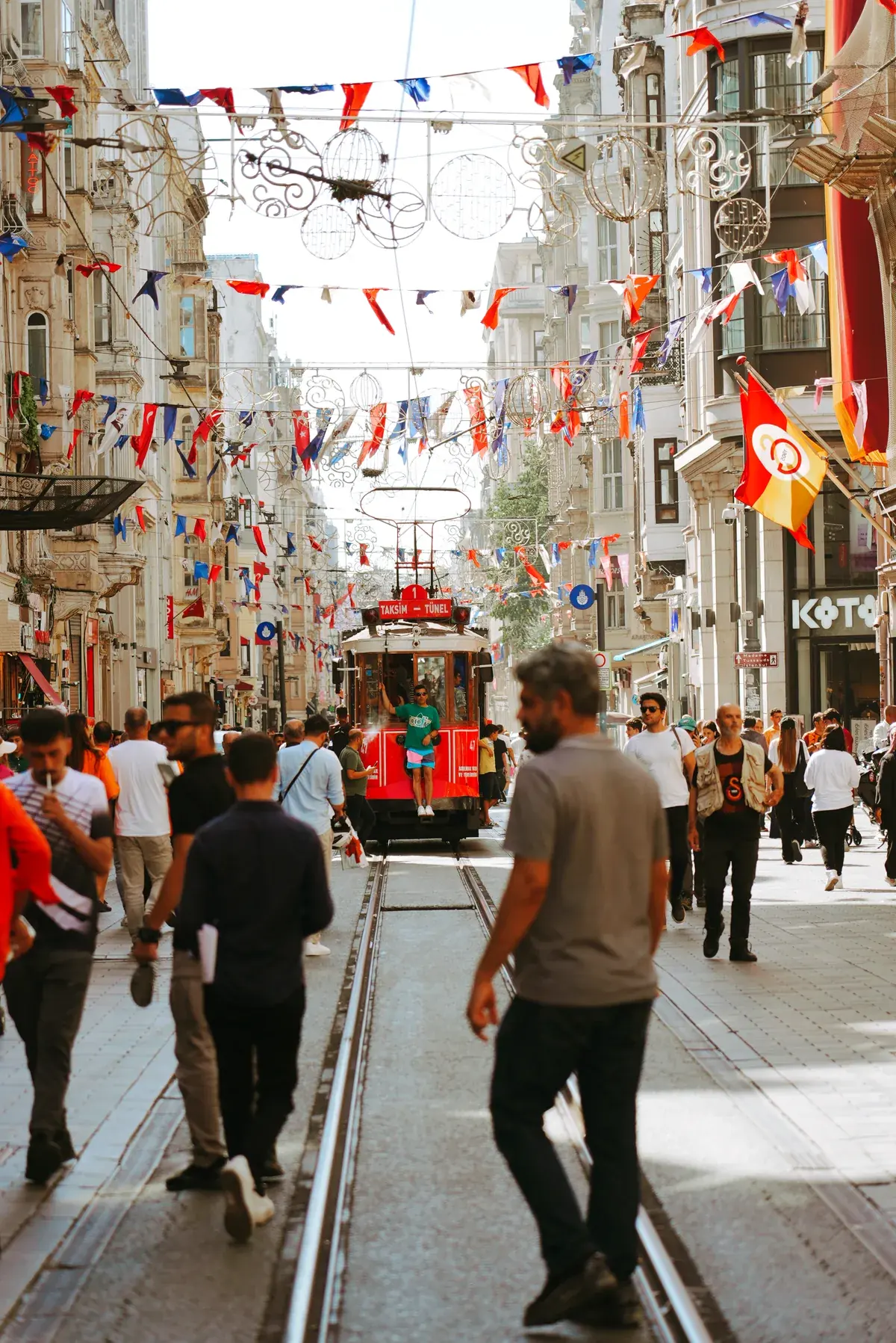 The Taksim–Tünel heritage tram working its way down İstiklal