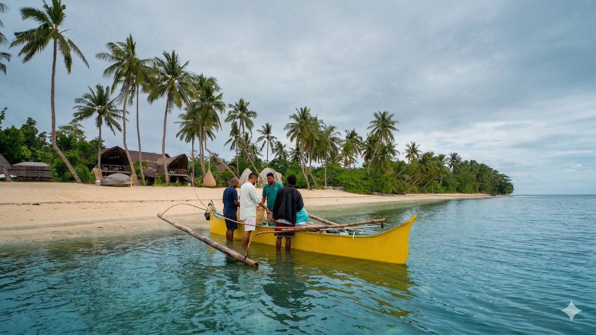 Outrigger pulled up on the sand at first light