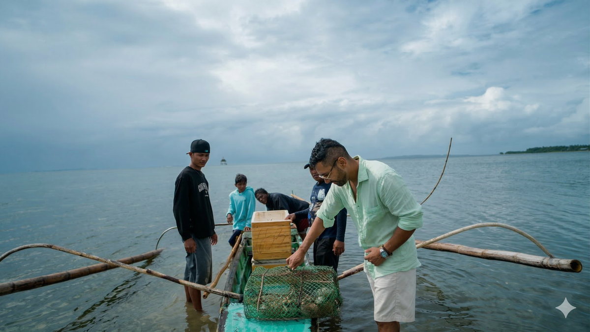 Hauling the trap in the shallows