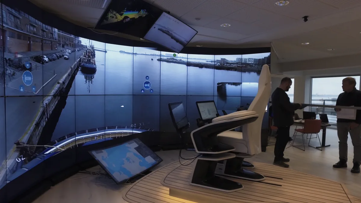 The remote operations centre, harbour view across a curved video wall