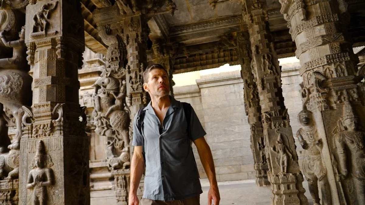 A pillared temple hall in southern India